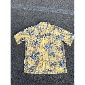 Hilo Hattie Hawaiian Shirt Men's Large Yellow Bamboo Palm Print Aloha‎